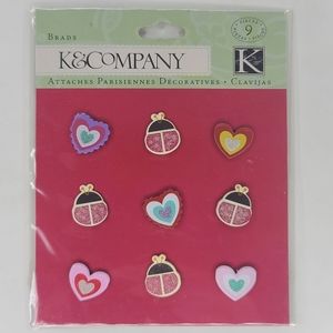 K&Company Brads Hearts and Ladybugs Brads 9 pcs Bugs Spring Summer Brads